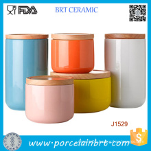 Customized Printing Ceramic Candle Jar/Holder Canister with Bamboo/Ceramic Lid